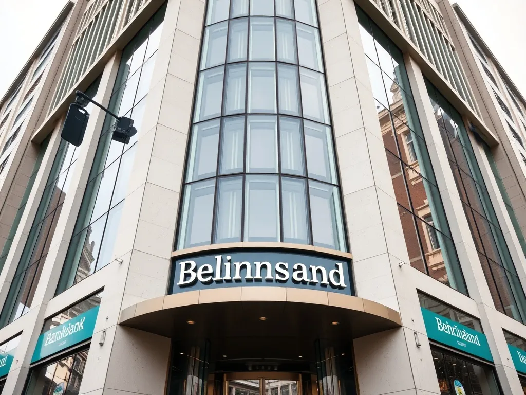 A high-end modern bank building exterior in Brussels with gl