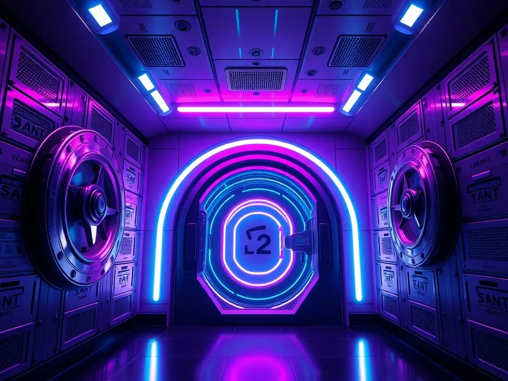 A high-tech modern bank vault interior with lavender and cya