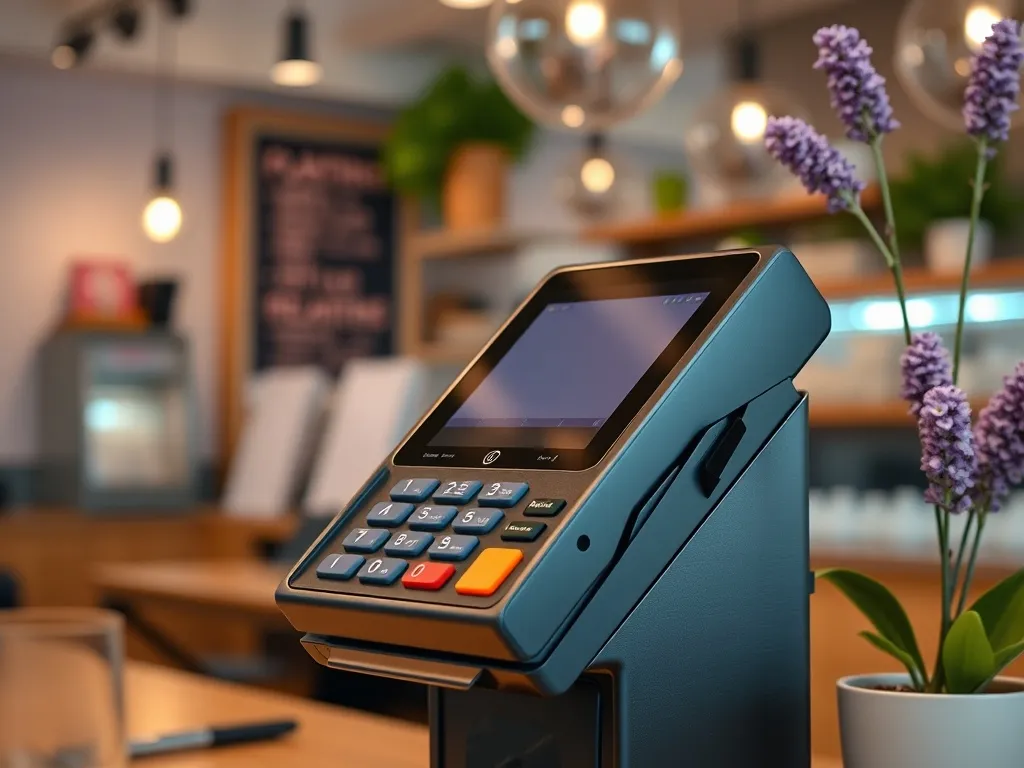A modern sleek payment terminal in a Belgian cafe, soft lave